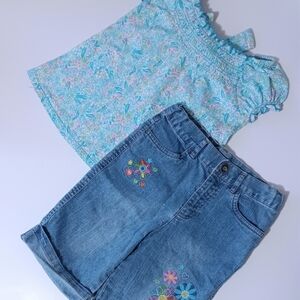 Girl's Floral Blue Top and Denim Shorts Set